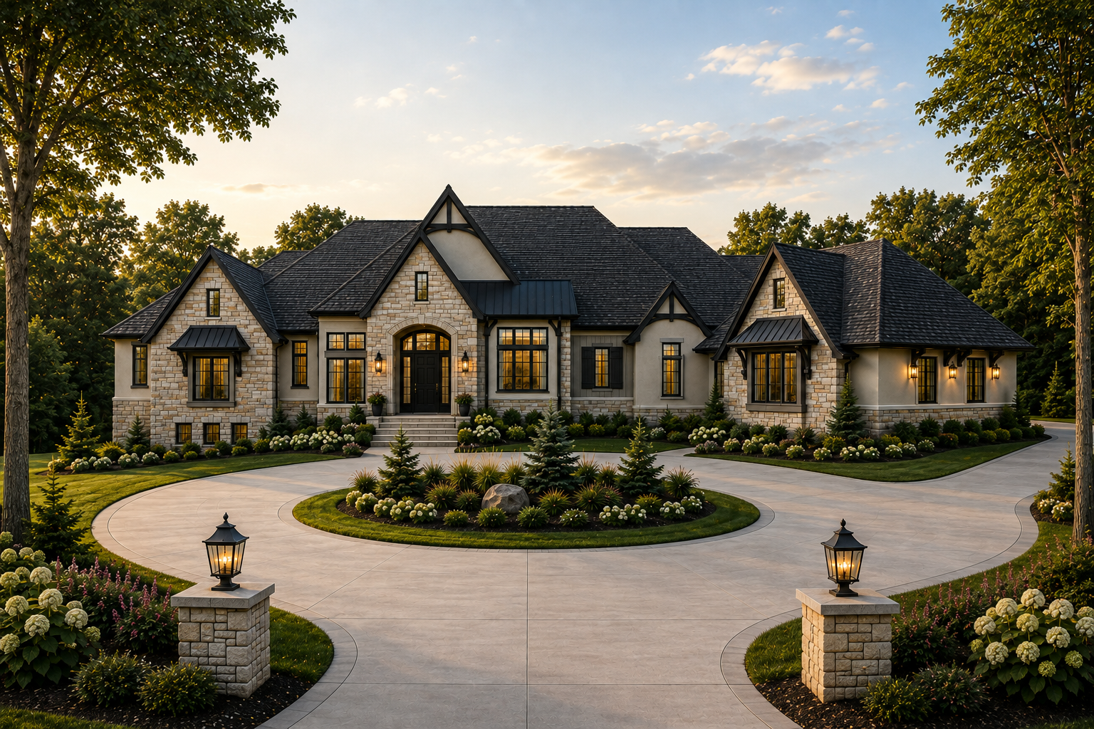 Architectural rendering of an estate home in a wooded setting