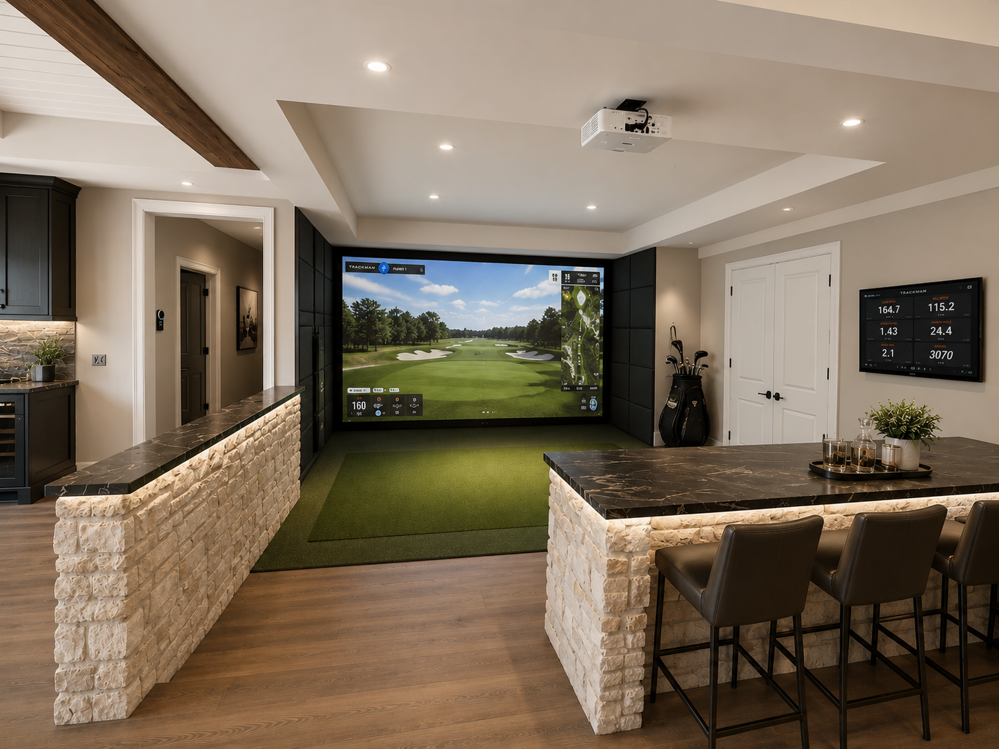 Rendering of an indoor golf simulator and lounge