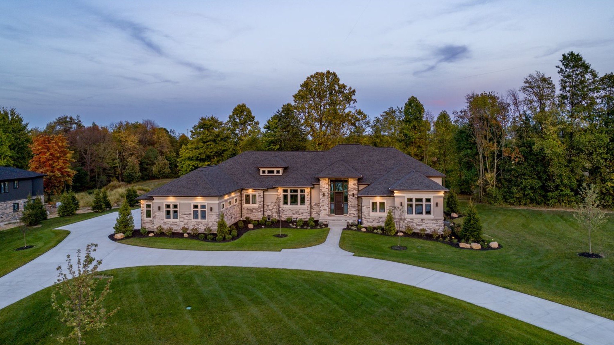 Completed custom home and circular drive