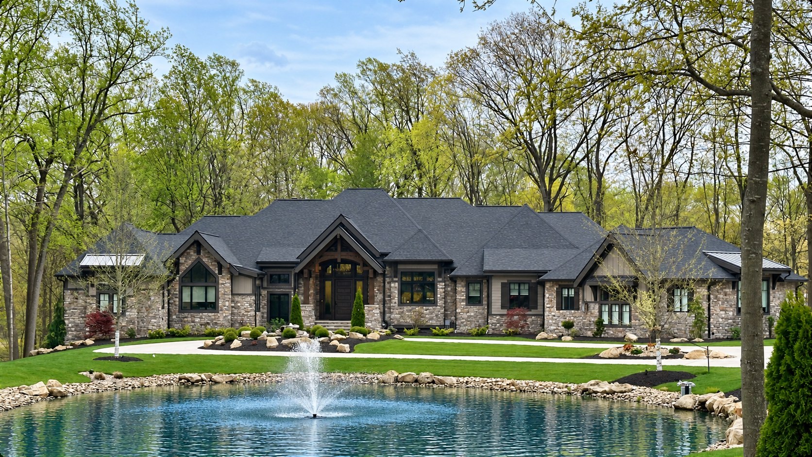 Completed custom home beside a pond